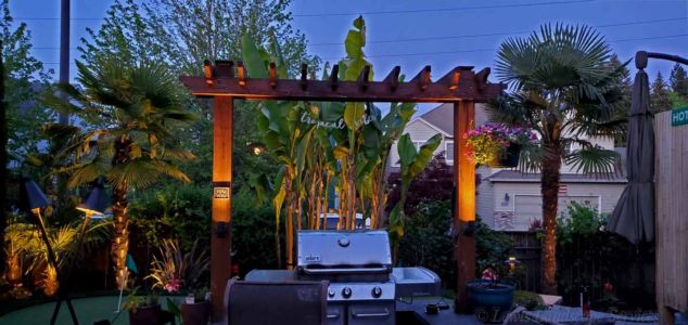 Lighting on Arbor & Other Lighting in this Tropical Landscape We Installed in Beaverton