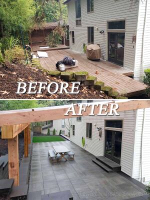 Before and After - Back Yard Patio, Retaining Wall & Covered Structure Job in Lake Oswego, Oregon