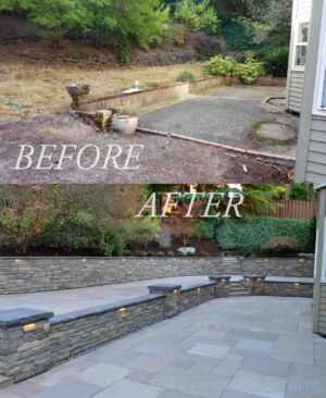 Before and After - Back Yard Patio, Retaining Walls, Stone Paver Patio and Fire Pit in NW Portland, OR