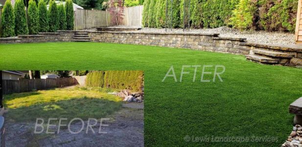 Before and After - Retaining Wall, Outdoor Lighting and Synthetic Turf Job in Beaverton Oregon