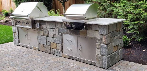 Outdoor Kitchen with BBQ and Searing Station, Granite Slab, Stone, SS Doors