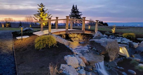 Bridge at Top of Waterfall, New Sod Lawn, Planting, Outdoor Lighting