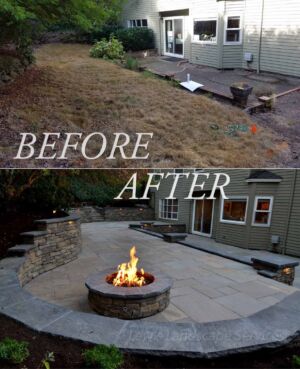 Before and After - Back Yard Patio, Retaining Walls, Stone Paver Patio and Fire Pit in NW Portland