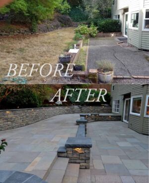 Before and After - Back Yard Patio, Retaining Walls, Stone Paver Patio and Fire Pit in NW Portland