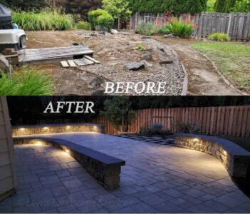 Before and After - Paver Patio, Landscaping, Seating Walls & Landscape Lighting Job in Tigard