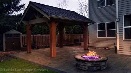 Natural Gas Fire Pit & Seat Wall, Stone Veneer