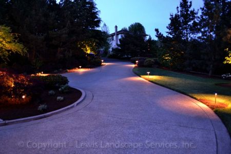 Pathawy Light Fixtures Surrounding a Driveway at an Installation of Ours in Forest Heights in NW Portland Oregon